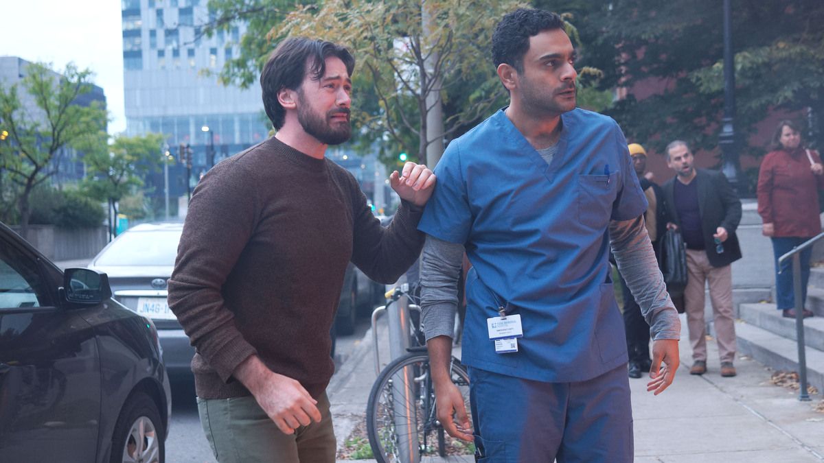 Transplant Season 3: Theo and Bash stand on a street shocked
