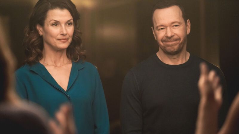 Actor Bridget Moynahan as Eric Reagan and Donnie Wahlberg as Danny Reagan in the CBS series Boston Blue. (Photo Credit: Courtesy of CBS.)
