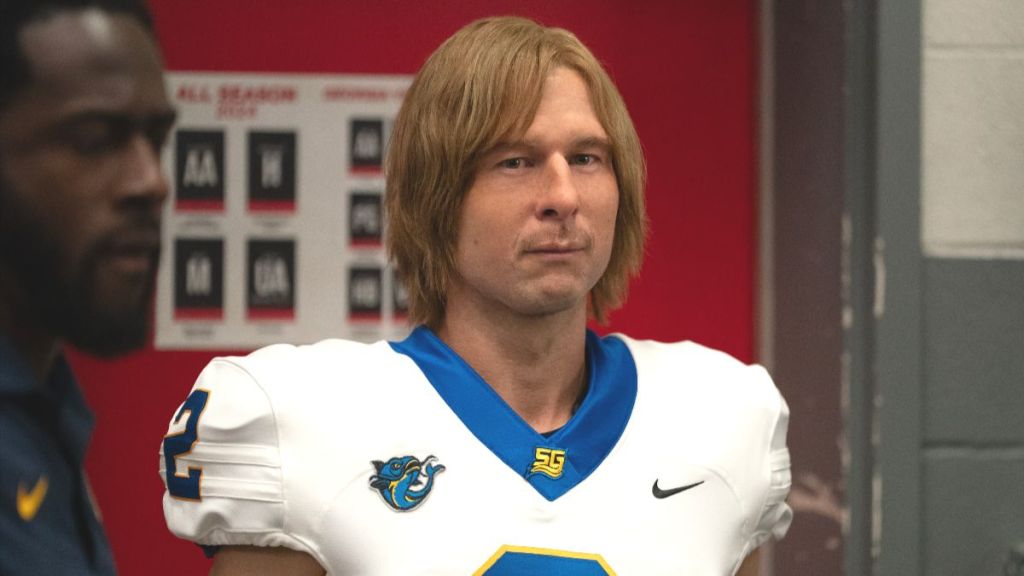 Actor Glen Powell as Chad Powers in Chad Powers season 1, episode 6. (Photo Credit: Courtesy of Hulu.)