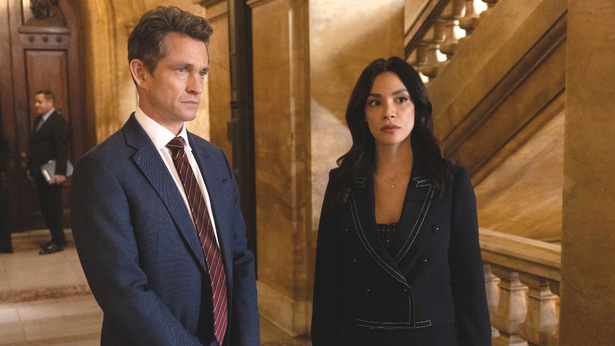 Actor Hugh Dancy as Nolan Price and actor Odelya Halevi as Samantha Maroun in Law & Order season 25, episode 4. (Photo Credit: Courtesy of NBC.)