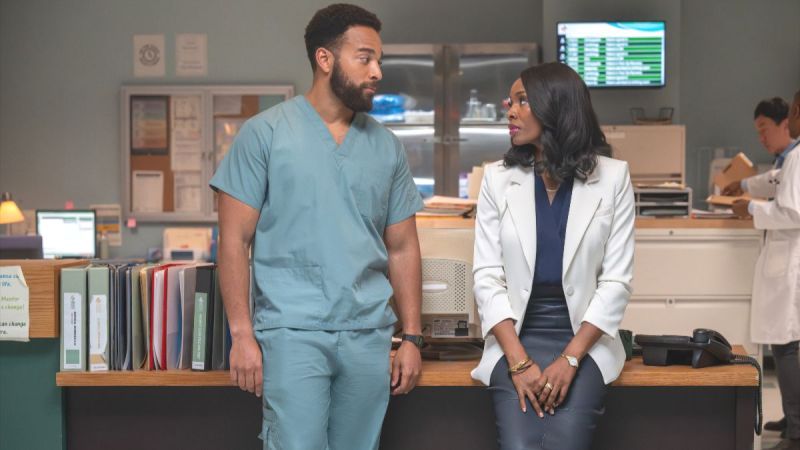 Actor John Clarence Stewart as Dr. Anthony Thorne and Tamberla Perry as Dr. Carol Pierce in Brilliant Minds season 2, episode 3. (Photo Credit: Courtesy of NBC.)