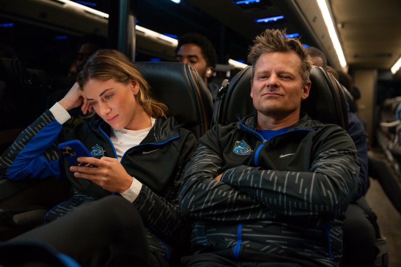 Actor Perry Mattfeld as Ricky Hudson and actor Steve Zahn as Jake Hudson in Chad Powers season 1, episode 4. (Photo Credit: Courtesy of Hulu.)