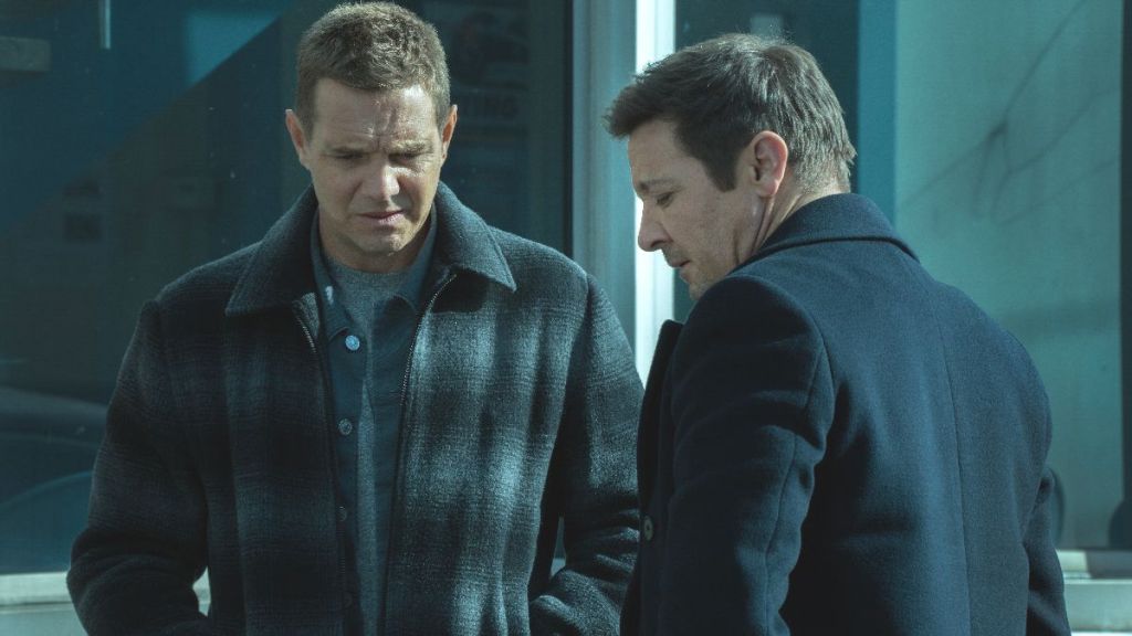 Actor Taylor Handley as Kyle McLusky and actor Jeremy Renner as Mike McLusky in Mayor of Kingstown season 4, episode 1. (Photo Credit: Courtesy of Paramount+.)