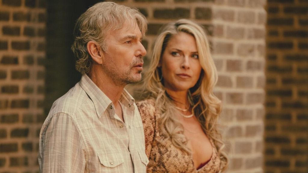Actor Billy Bob Thornton as Tommy Norris and actor Ali Larter as Angela Norris in Landman season 2 episode 1. (Photo Credit: Courtesy of Paramount+.)