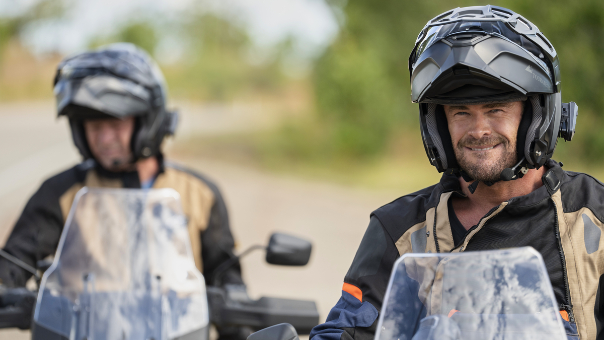 Actor Chris Hemsworth and his father Craig Hemsworth on motorcycles in Chris Hemsworth: A Road Trip to Remember. (Photo Credit: Craig Parry/Courtesy of National Geographic.)