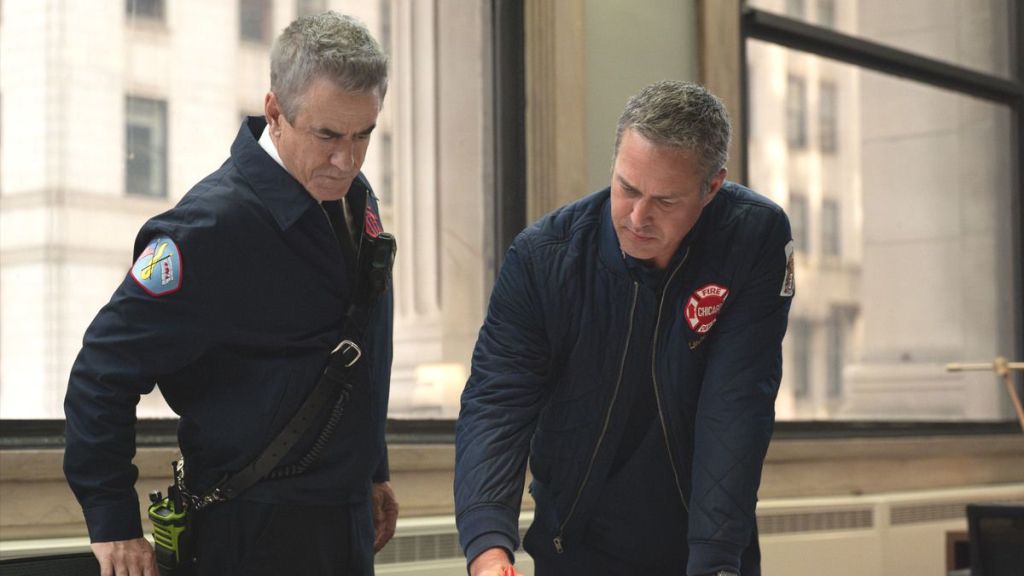 Actor Dermot Mulroney as Dom Pascal and actor Taylor Kinney as Kelly Severide in Chicago Fire season 14 episode 6. (Photo Credit: Courtesy of NBC.)