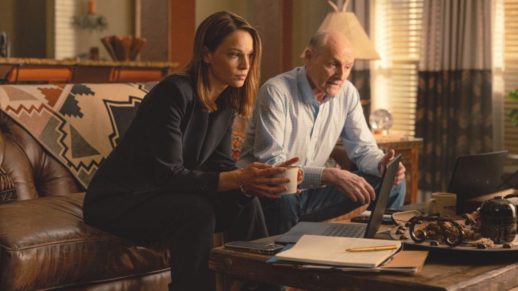 Actor Kayla Wallace as Rebecca and actor Colm Feore as Nathan in Landman season 2 episode 2. (Photo Credit: Courtesy of Paramount+.)