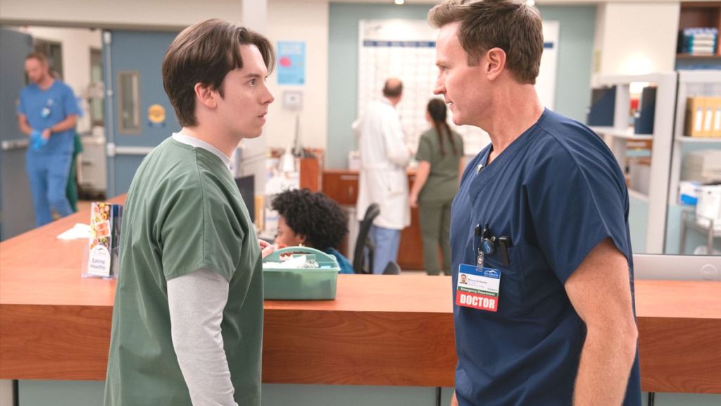 Actor Mekki Leeper as Matt and actor Josh Lawson as Bruce in St Denis Medical season 2 episode 3. (Photo Credit: Courtesy of NBC.)