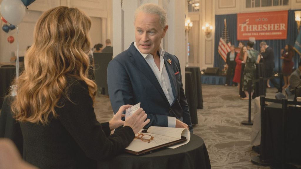 Actor Neal McDonough as Cal Thresher and actor Dana Delany as Margaret Devereaux in Tulsa King season 3 episode 10. (Photo Credit: Courtesy of Paramount+.)