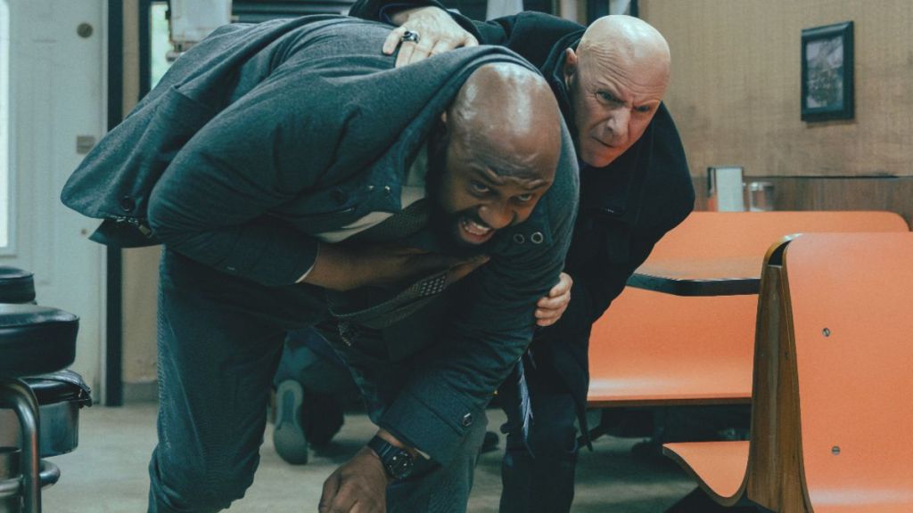 Actor Derek Webster as Stevie and actor Hugh Dillon as Ian Ferguson in Mayor of Kingstown season 4 episode 9. (Photo Credit: Courtesy of Paramount+.)