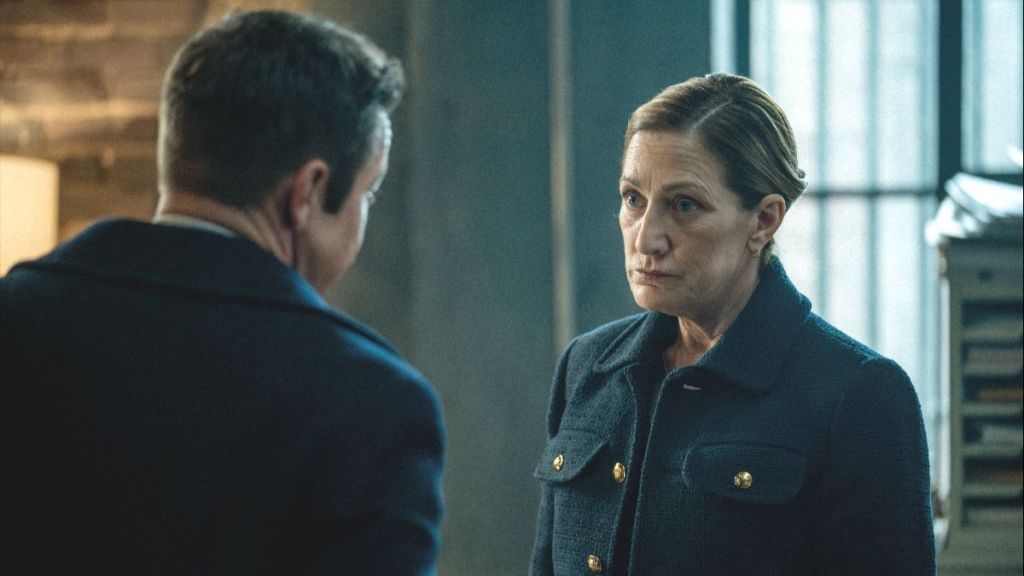 Actor Jeremy Renner as Mike McLusky and actor Edie Falco as Nina Hobbs in Mayor of Kingstown season 4 episode 8. (Photo Credit: Courtesy of Paramount+.)