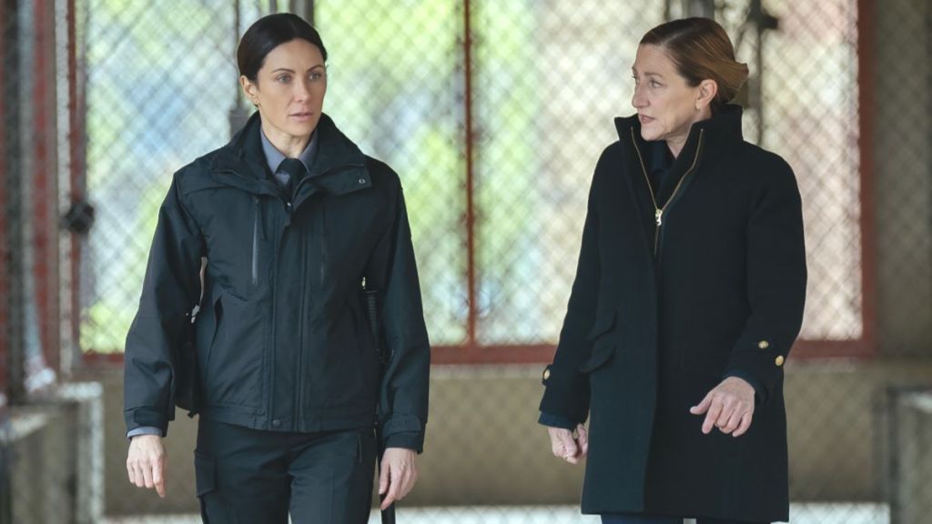 Actor Laura Benanti as Cindy Stephens and actor Edie Falco as Nina Hobbs In Mayor of Kingstown season 4 episode 8. (Photo Credit: Courtesy of Paramount+.)