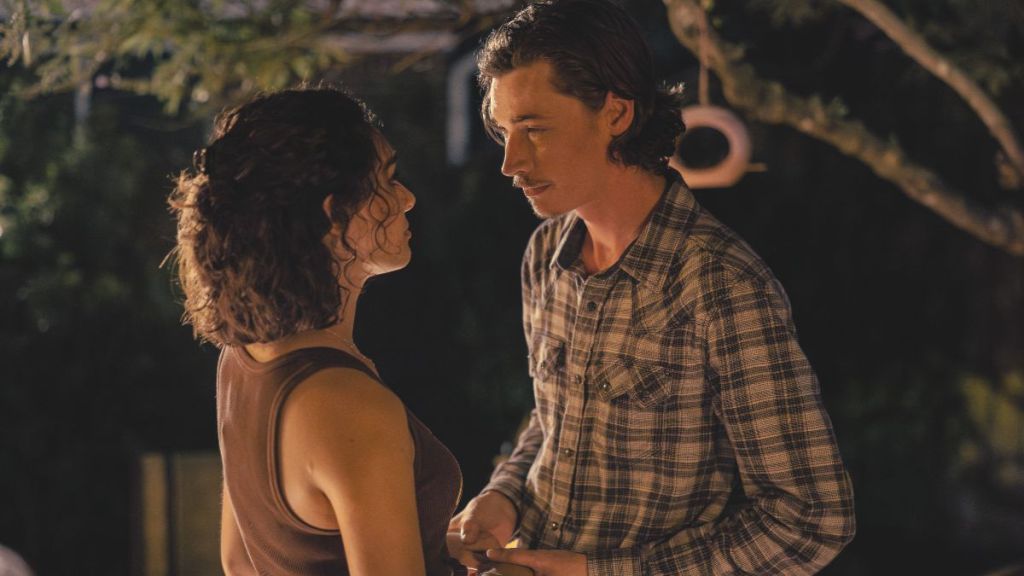 Actor Paulina Chavez as Ariana and Jacob Lofland as Cooper in Landman season 2 episode 7. (Photo Credit: Courtesy of Paramount+.)