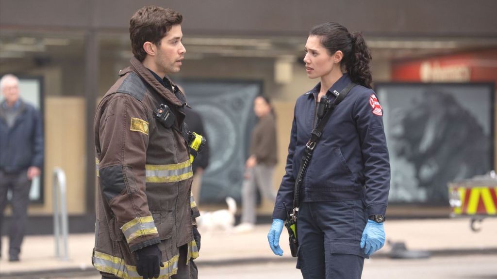 Actor Brandon Larracuente as Sal Vasquez and actor Hanako Greensmith as Violet Mikami in Chicago Fire season 14 episode 9. (Photo Credit: Courtesy of NBC.)