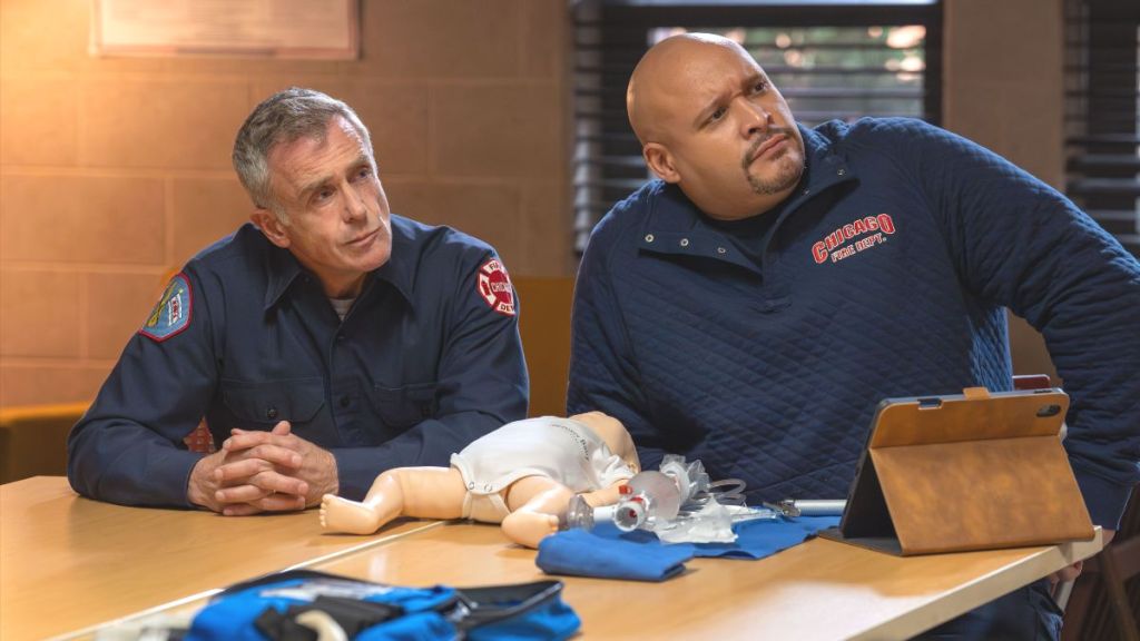 Actor David Eigenberg as Christopher Herrmann and actor Joe Minoso as Joe Cruz in Chicago Fire season 14 episode 10. (Photo Credit: Courtesy of NBC.)