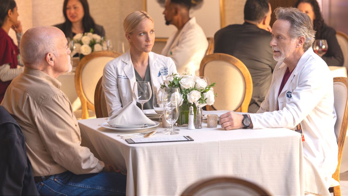 Actor Jessy Schram as Hannah Asher and actor Steven Weber as Dean Archer in Chicago Med season 11 episode 9. (Photo Credit: Courtesy of NBC.)