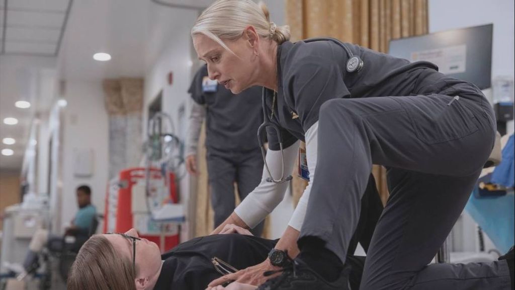 Actor Taylor Dearden as Melissa King and actor Katherine LaNasa as Dana Evans in The Pitt season 2 episode 2. (Photo Credit: Courtesy of HBO Max.)