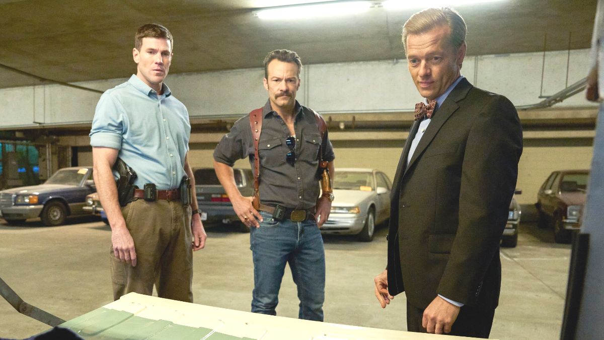 Austin Stowell as Leroy Jethro Gibbs, Kyle Schmid as Mike Franks and Adam Campbell as Dr. Donald "Ducky" Mallard in NCIS: Origins season 2, episode 13. (Photo Credit: Courtesy of CBS.)