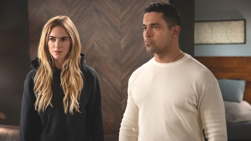 Emily Wickersham as Ellie Bishop and Wilmer Valderrama as Nick Torres in NCIS season 23 episode 10. (Photo Credit: Courtesy of CBS.)
