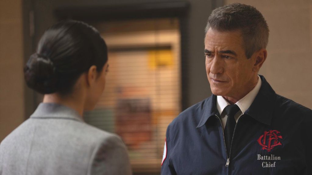 Jeanine Mason as Lucy and Dermot Mulroney as Dominic Pascal in Chicago Fire season 14 episode 14. (Photo Credit: Courtesy of NBC.)