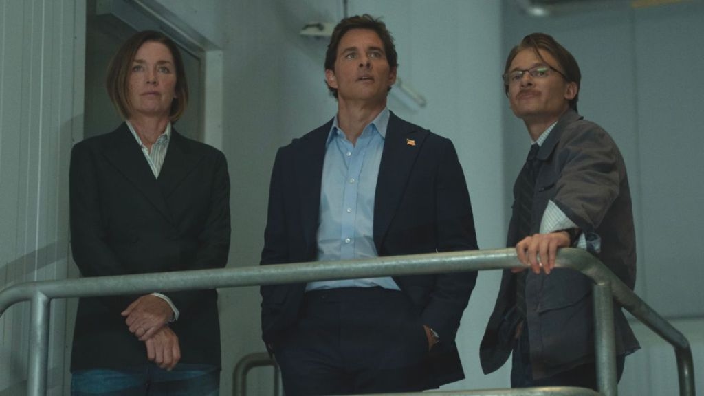 Julianne Nicholson as Samantha Redmond, James Marsden as Cal Bradford, and Erik Svedberg-Zelman as Anders in Paradise season 2 episode 7. (Photo Credit: Ser Baffo/Courtesy of Hulu.)