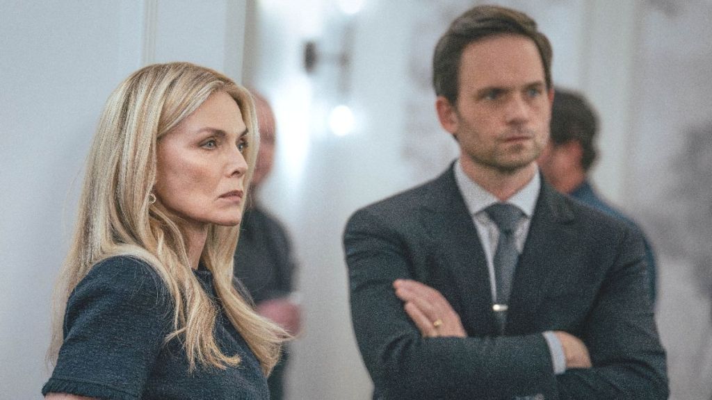 Michelle Pfeiffer as Stacy Clyburn and Patrick J Adams as Russell McIntosh in The Madison season 1 episode 6. (Photo Credit: Courtesy of Paramount+.)