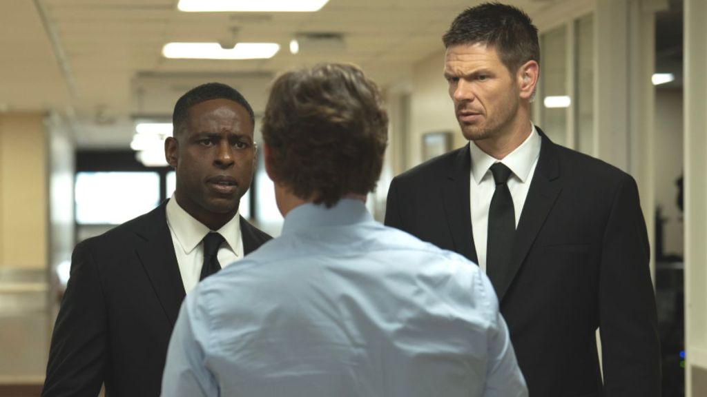 Sterling K. Brown as Xavier Collins, James Marsden as Cal Bradford and Jon Beavers as Billy Pace in Paradise season 2, episode 4. (Photo Credit: Courtesy of Hulu.)