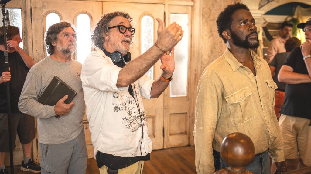 Director Jack Bender (center) and actor Harold Perrineau (right) on set of From season 4 episode 1. (Photo Credit: Courtesy of MGM+.)