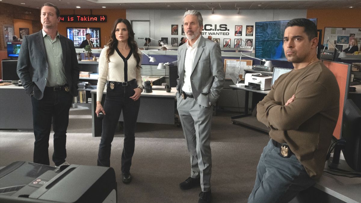 Sean Murray as Timothy McGee, Katrina Law as Jessica Knight, Gary Cole as Alden Parker and Wilmer Valderrama as Nick Torres in NCIS season 23, episode 16. (Photo Credit: Courtesy of CBS.)