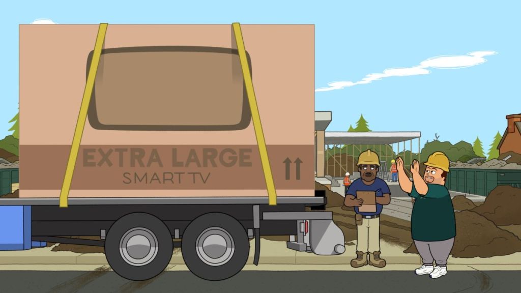 Mark Hoagies stands next to an oversized TV being delivered in Universal Basic Guys season 2. (Photo Credit: Courtesy of FOX.)