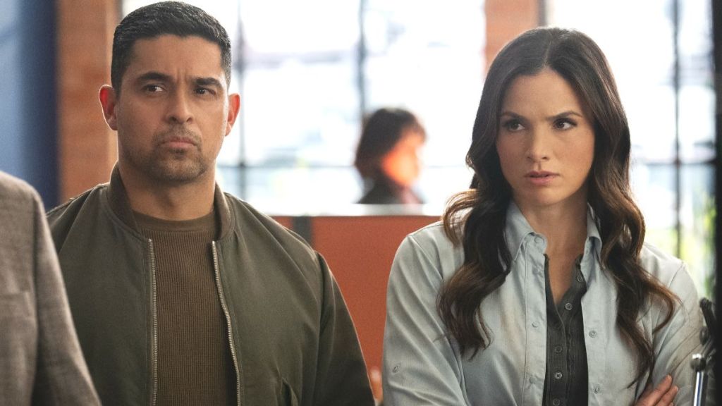 Wilmer Valderrama as Nick Torres and Katrina Law as Jessica Knight in NCIS season 23 episode 16. (Photo Credit: Courtesy of CBS.)